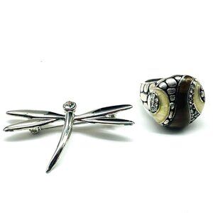 Silver Tone Jewelry Set Dragonfly Pin Rhinestone Pebble Embossed Enameled Ring